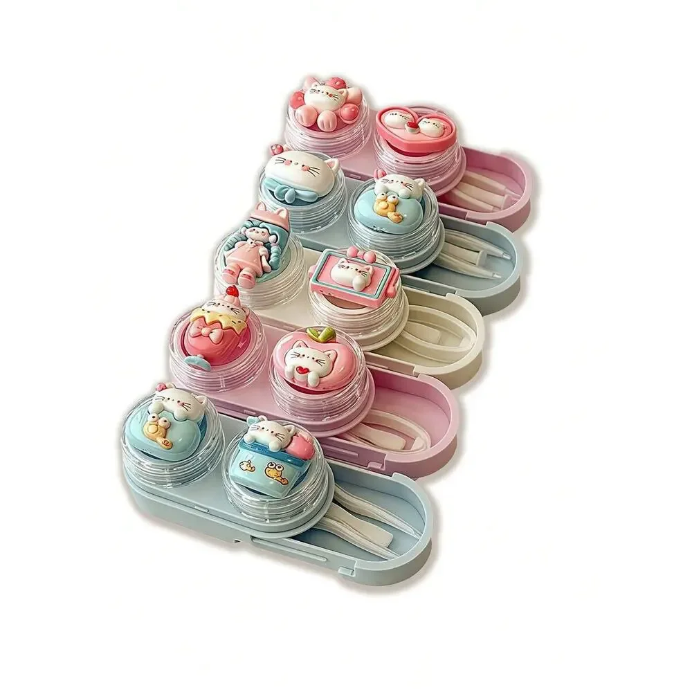 3x Kitty Cat Portable Travel Contact Lens Case Contact w/ tweezer & applicator